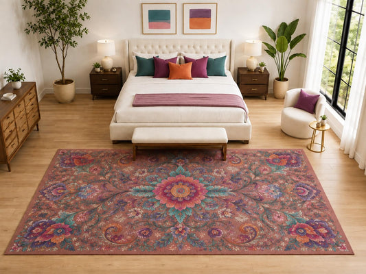 ICE ARMOR "Ultra Light Weight Large 6'7" x 9'10" Vintage Floral Medallion Rug, Soft Low Pile Indoor Rug, Non-Slip Silicone Backing for Bedroom Rose