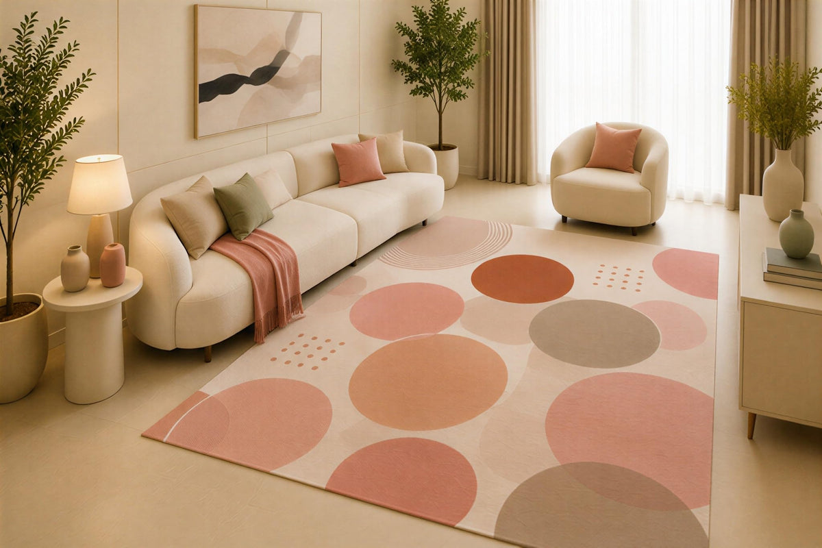 ICE ARMOR 5' x 7' Modern Circle Area Rug, Blush Pink Neutral Geometric Dot Pattern for Living Room Bedroom Nursery, Non-Slip Silicone Backing, Low Pile Carpet