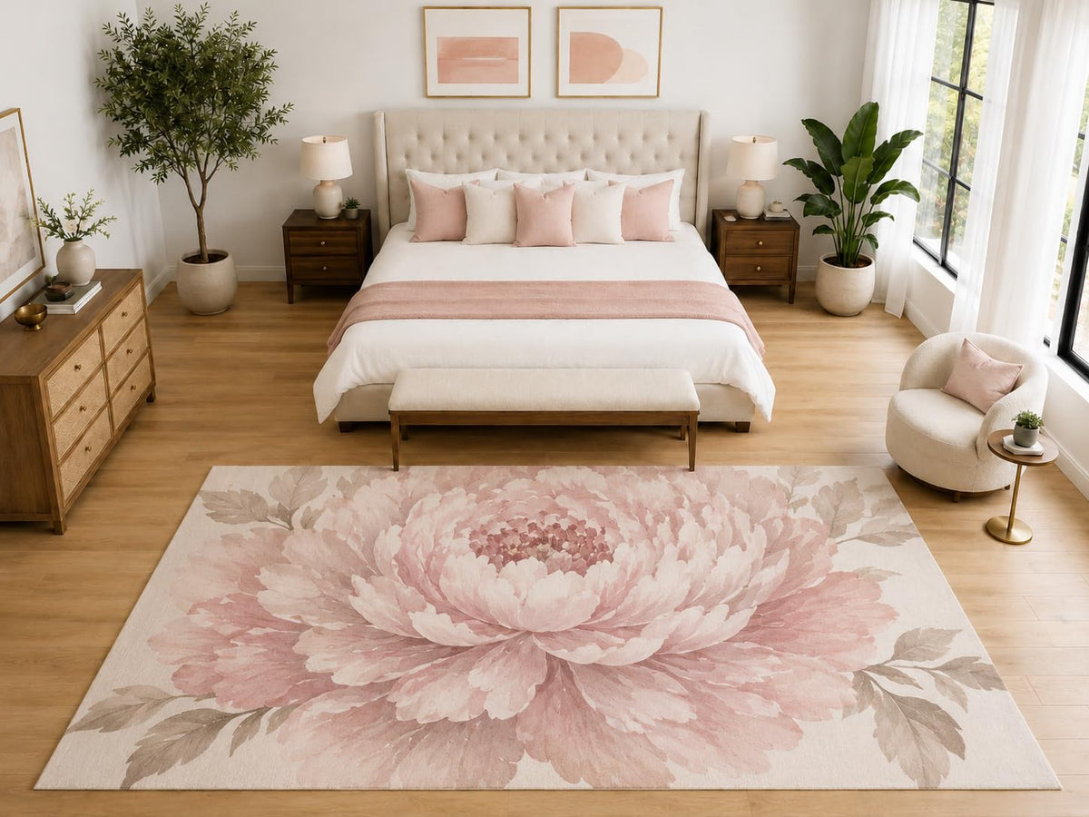 ICE ARMOR "Ultra Light Weight Large 6'7" x 9'10" Centered Peony Floral Rug, Soft Low Pile Indoor Rug, Non-Slip Silicone Backing for Bedroom Pink