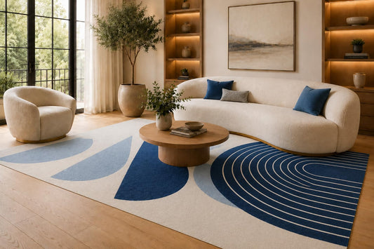ICE ARMOR 6'7" x 9'10" Navy Blue and Cream Abstract Arch Area Rug for Living Room, Soft Low Pile Carpet with Non-Slip Silicone Backing, Floor Decor for Bedroom, Dining Area and Home Office