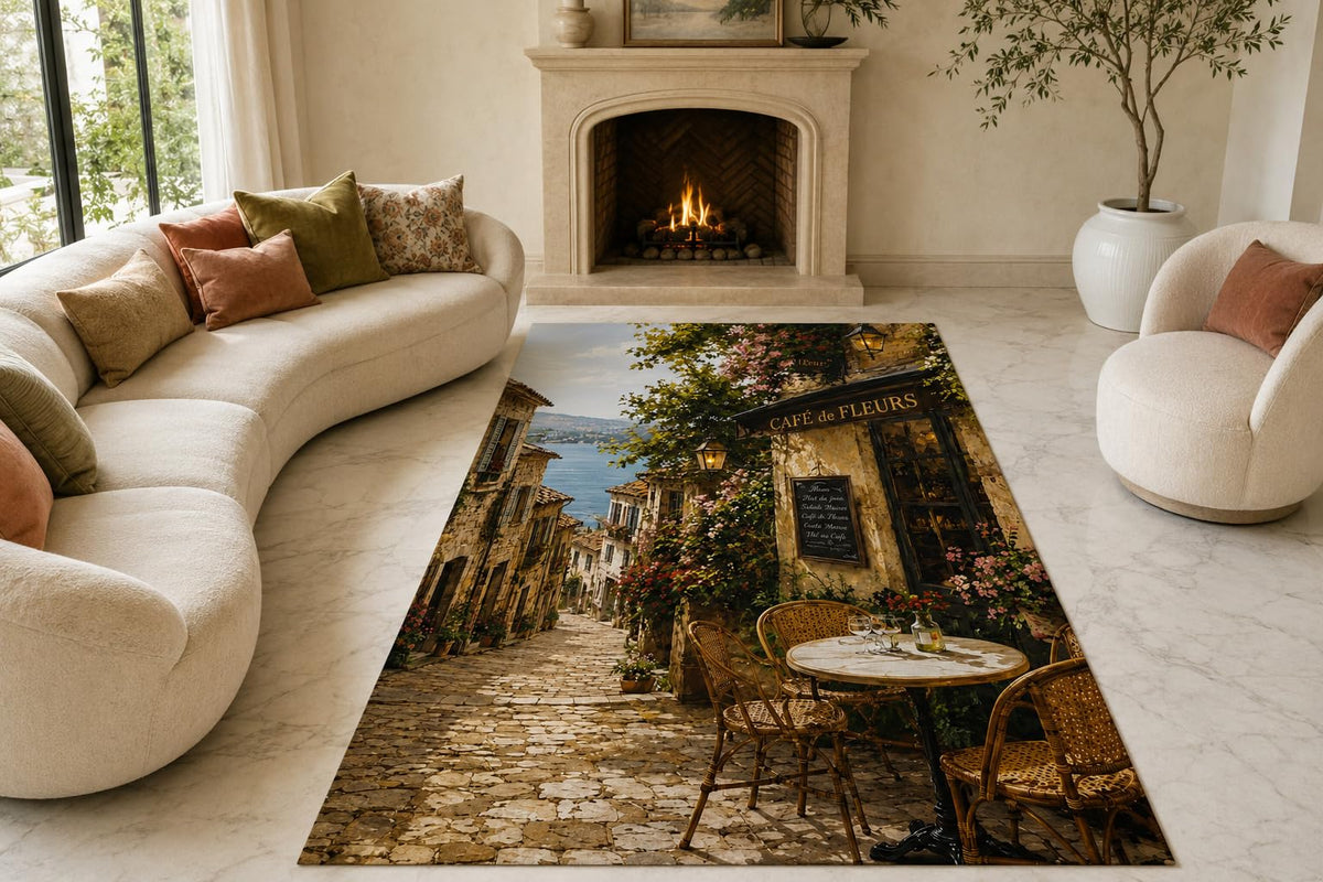 ICE ARMOR "Ultra Lightweight Large 6'7" x 9'10" Old Village Bistro Area Rug for Living Room, Bedroom and Home Office, Soft Low Pile Carpet with Non-Slip Silicone Backing, Brown and Green