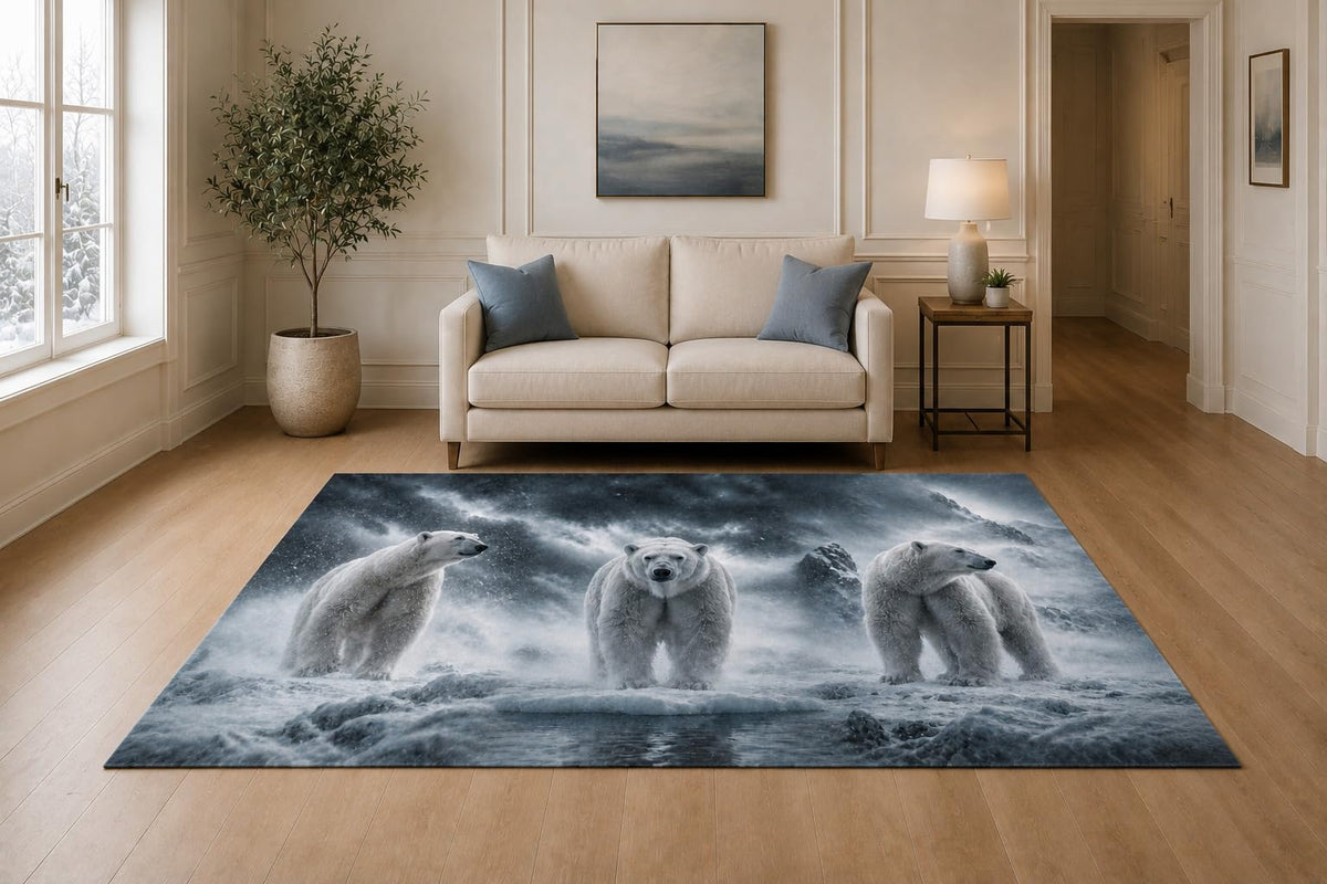 ICE ARMOR "Ultra Light Weight 5' x 7' Arctic Bear Storm Area Rug for Living Room, Bedroom and Home Office, Soft Low Pile Carpet with Non-Slip Silicone Backing, White and Blue