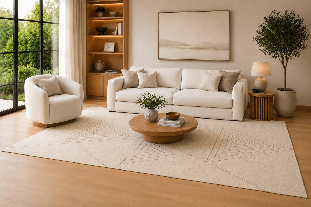 ICE ARMOR Large 6'7" x 9'10" Cream and Beige Geometric Triangle Area Rug for Living Room, Soft Low Pile Carpet with Non-Slip Silicone Backing, Decor for Bedroom, Dining Area and Home Office