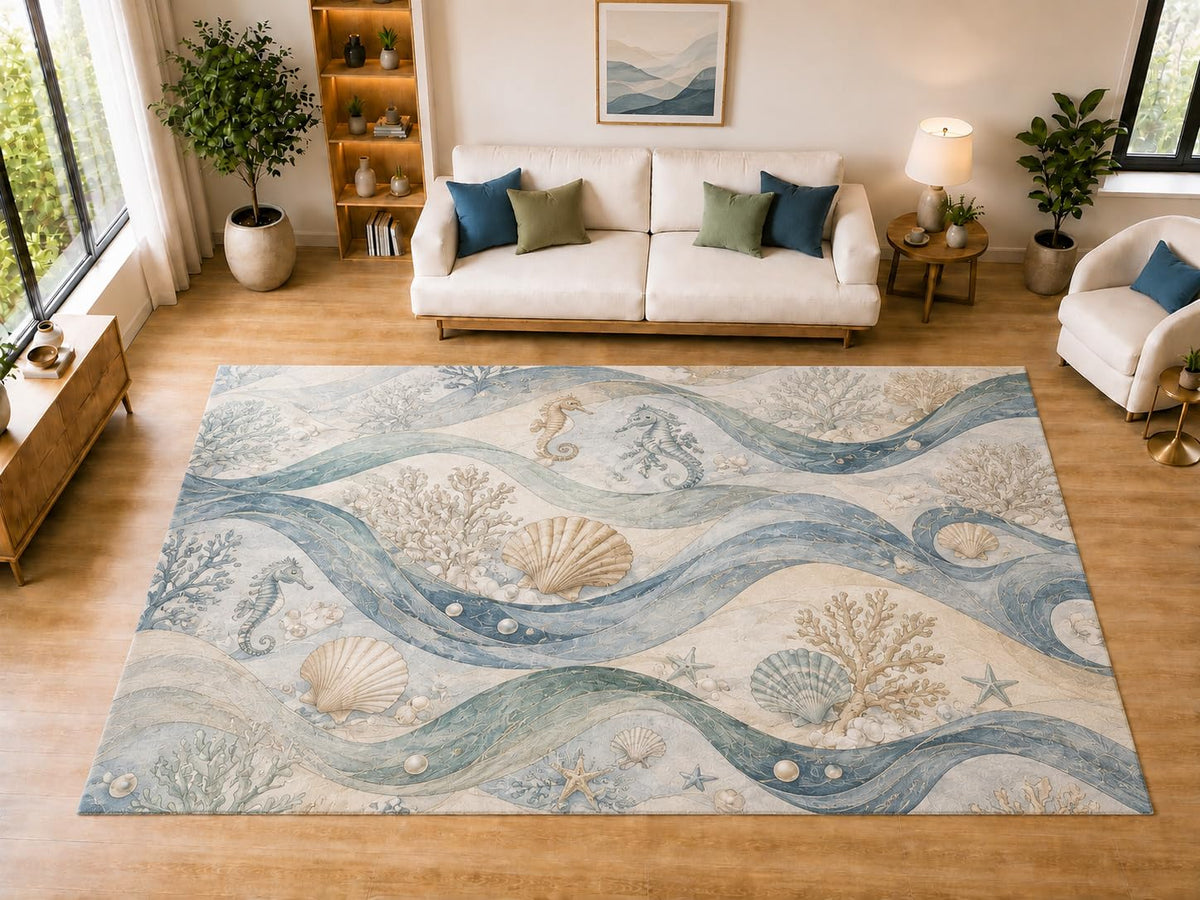 ICE ARMOR "Ultra Light Weight Large 6'7" x 9'10" Seahorse Shell Waves Area Rug for Dining, Living Room, Bedroom, Soft Low Pile Indoor Rug with Non-Slip Silicone Backing, Blue Cream