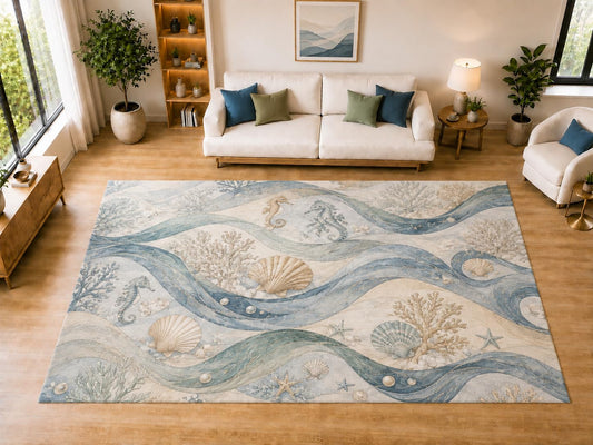 ICE ARMOR "Ultra Light Weight Large 6'7" x 9'10" Seahorse Shell Waves Area Rug for Dining, Living Room, Bedroom, Soft Low Pile Indoor Rug with Non-Slip Silicone Backing, Blue Cream