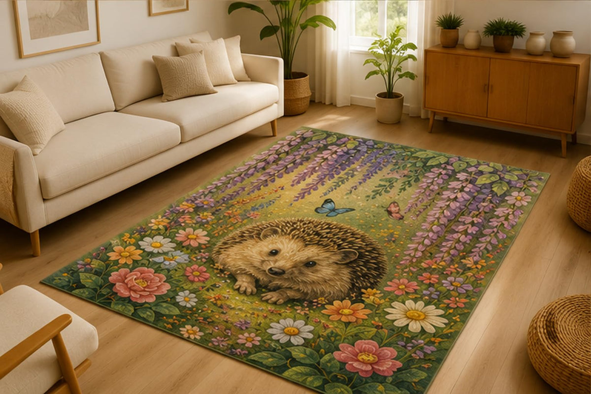 ICE ARMOR 5' x 7' Woodland Hedgehog Garden Area Rug Soft Low Pile Indoor Rug with Non-Slip Silicone Backing Animal Decor Carpet for Living Room Bedroom Nursery Kids Room Playroom Green
