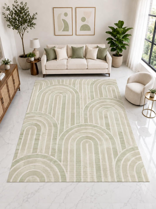 ICE ARMOR Large 6'7" x 9'10" Modern Rainbow Arch Area Rug, Soft Low Pile Indoor Rug with Non-Slip Silicone Backing for Nursery Kids Room, Ivory Sage