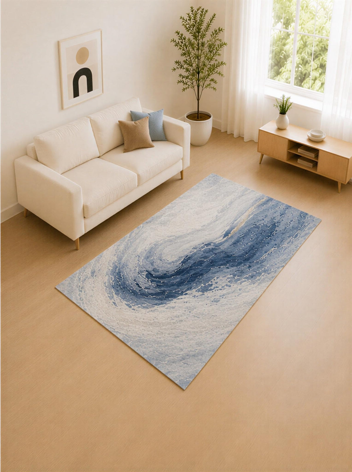 ICE ARMOR 5' x 7' Powder Blue and Ivory Spiral Tide Area Rug for Living Room, Soft Low Pile Carpet with Non-Slip Silicone Backing, Decor for Bedroom and Home Office