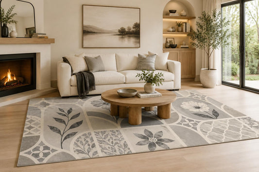 ICE ARMOR 6'7" x 9'10" Gray, Cream and Beige Floral Patchwork Area Rug for Living Room, Soft Low Pile Carpet with Non-Slip Backing for Bedroom, Dining Room and Home Office