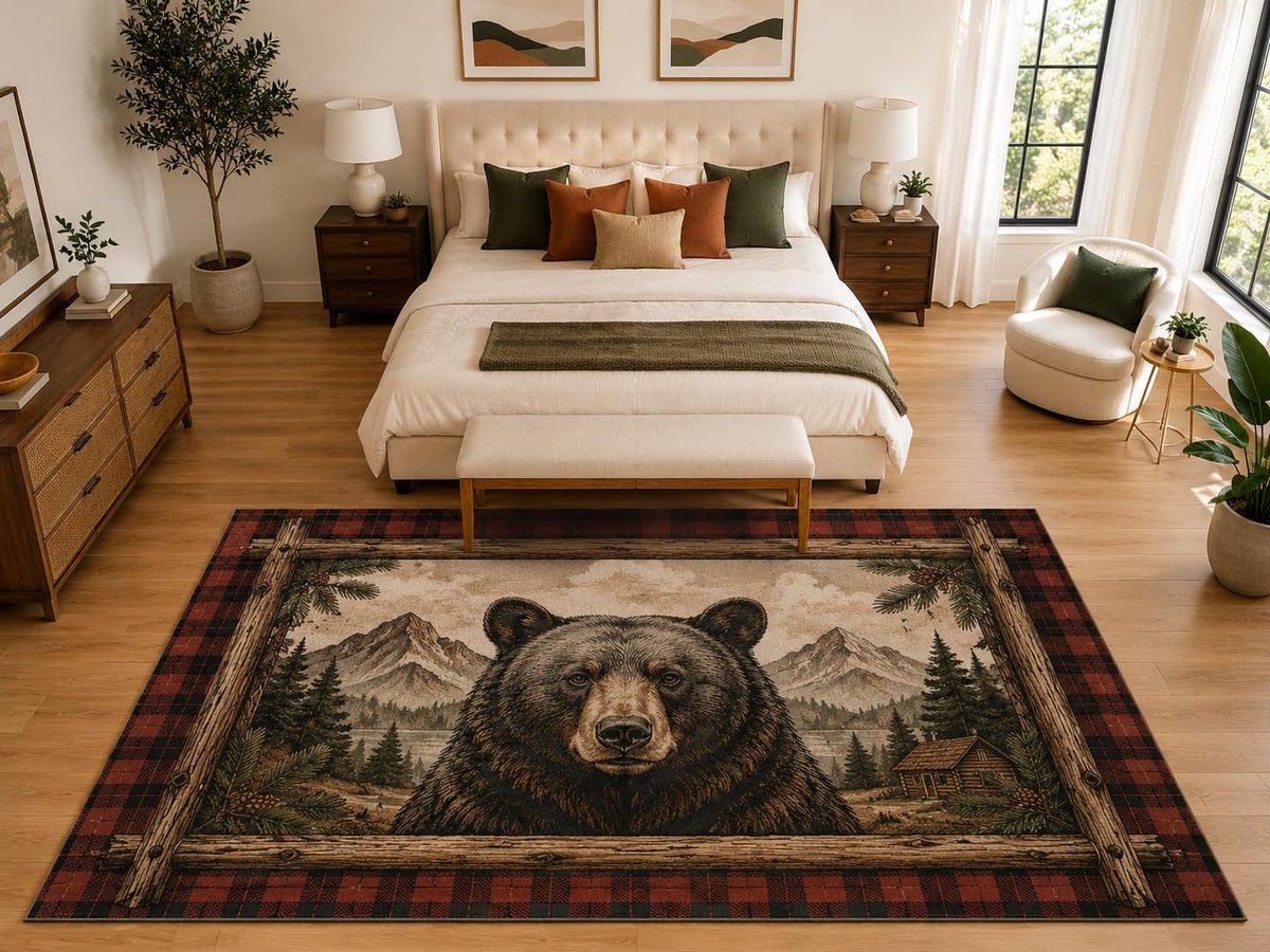 ICE ARMOR "Ultra Light Weight Large 6'7" x 9'10" Grizzly Mountain Plaid Rug, Soft Low Pile Indoor Rug, Non-Slip Silicone Backing for Bedroom Brown
