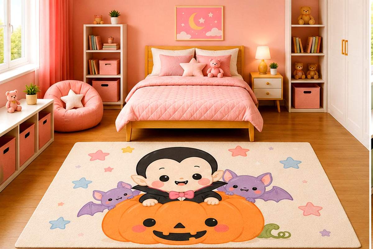 ICE ARMOR 5' x 7' Cute Baby Vampire with Smiling Pumpkin and Bats Area Rug for Kids Bedroom Nursery Playroom Scandinavian Minimalist Kawaii Halloween Decor Non-Slip Silicone Backing Low Pile
