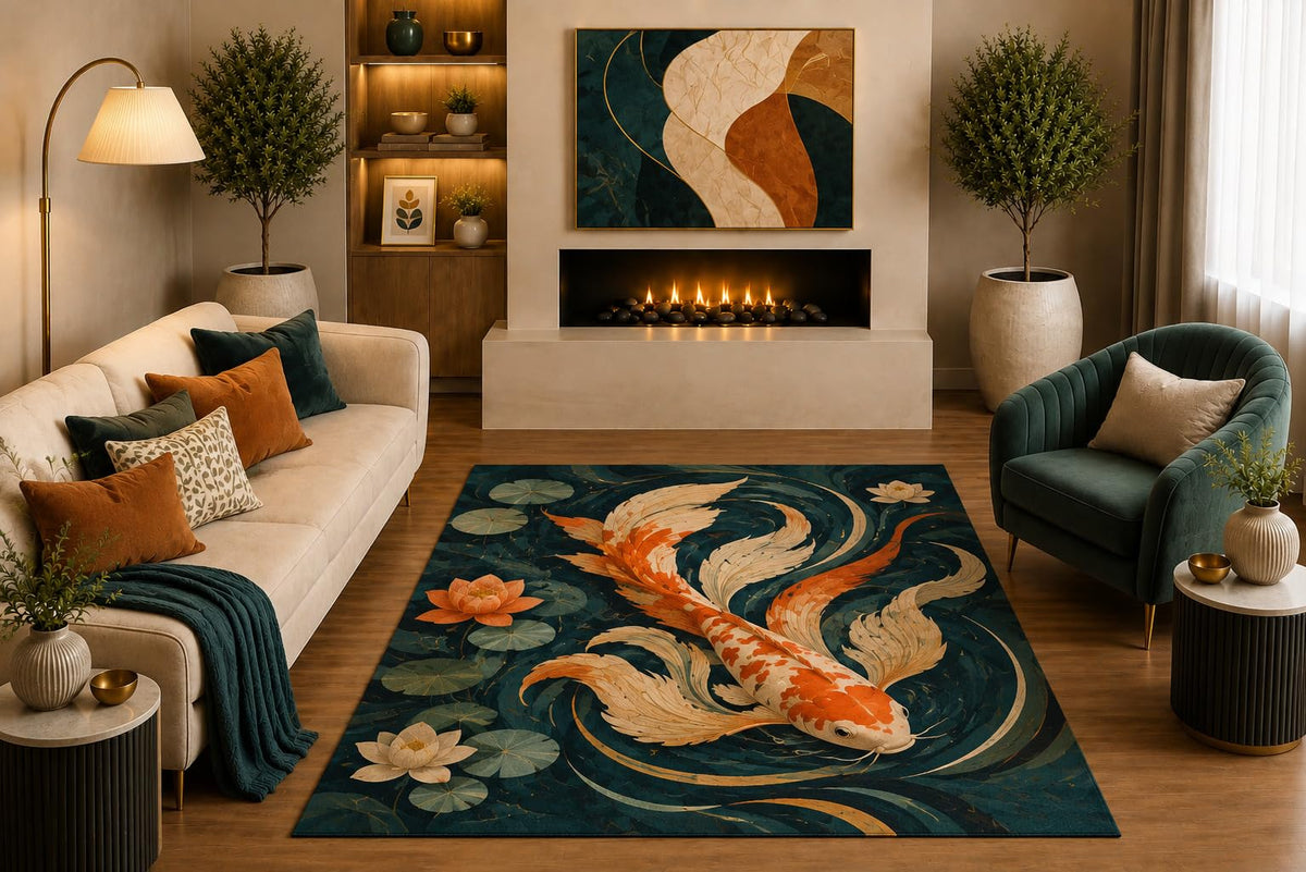 ICE ARMOR "Ultra Light Weight 5' x 7' Koi Fish Lotus Pond Area Rug Japanese Wave Art in Teal Orange for Living Room Bedroom Dining Room Zen Decor Non-Slip Silicone Backing Low Pile