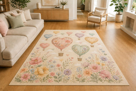 ICE ARMOR 5' x 7' Heart Hot Air Balloon Floral Area Rug, Soft Low Pile Indoor Rug with Non-Slip Silicone Backing for Nursery, Kids Room, Playroom, Kids & Pets, Cream Pink Blue