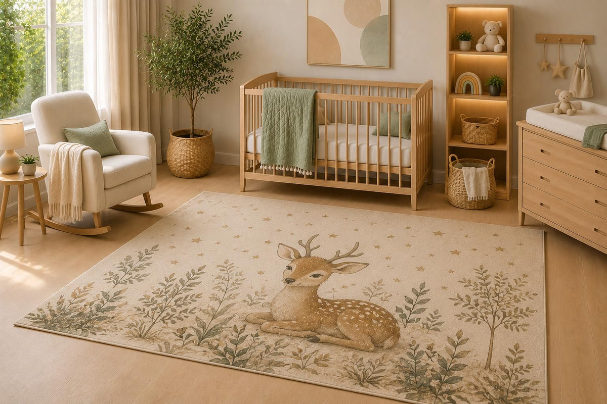 ICE ARMOR 5' x 7' Deer Under Stars Area Rug, Soft Low Pile Indoor Rug with Non-Slip Silicone Backing, Woodland Nursery Carpet for Kids Room, Playroom, Bedroom, Kids and Pets, Beige Brown