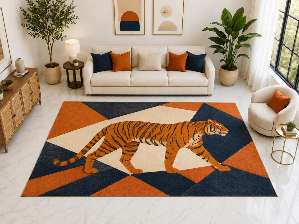 ICE ARMOR "Ultra Light Weight Large 6'7" x 9'10" Tiger Wildlife Area Rug Carpet Soft Low Pile Indoor Rug and Non-Slip Silicone Backing Orange
