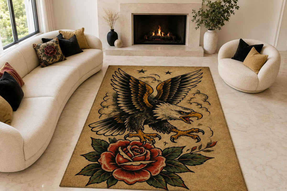 ICE ARMOR "Ultra Lightweight Large 6'7" x 9'10" Eagle Rose Tattoo Area Rug for Living Room, Bedroom and Home Office, Soft Low Pile Carpet with Non-Slip Silicone Backing, Black and Red