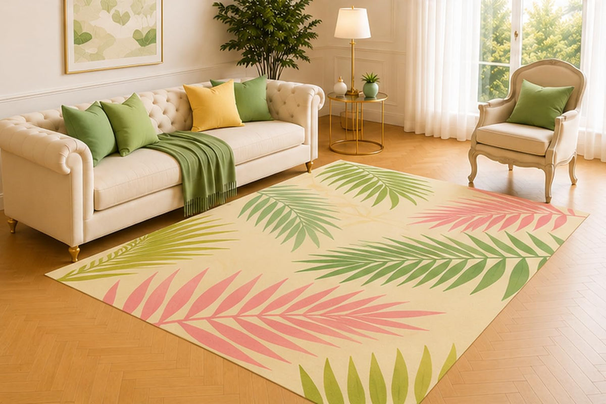 ICE ARMOR 5' x 7' Tropical Palm Leaf Area Rug, Modern Botanical Frond Design in Pink Green and Cream, Soft Low Pile Carpet for Living Room Bedroom Sunroom Home Decor