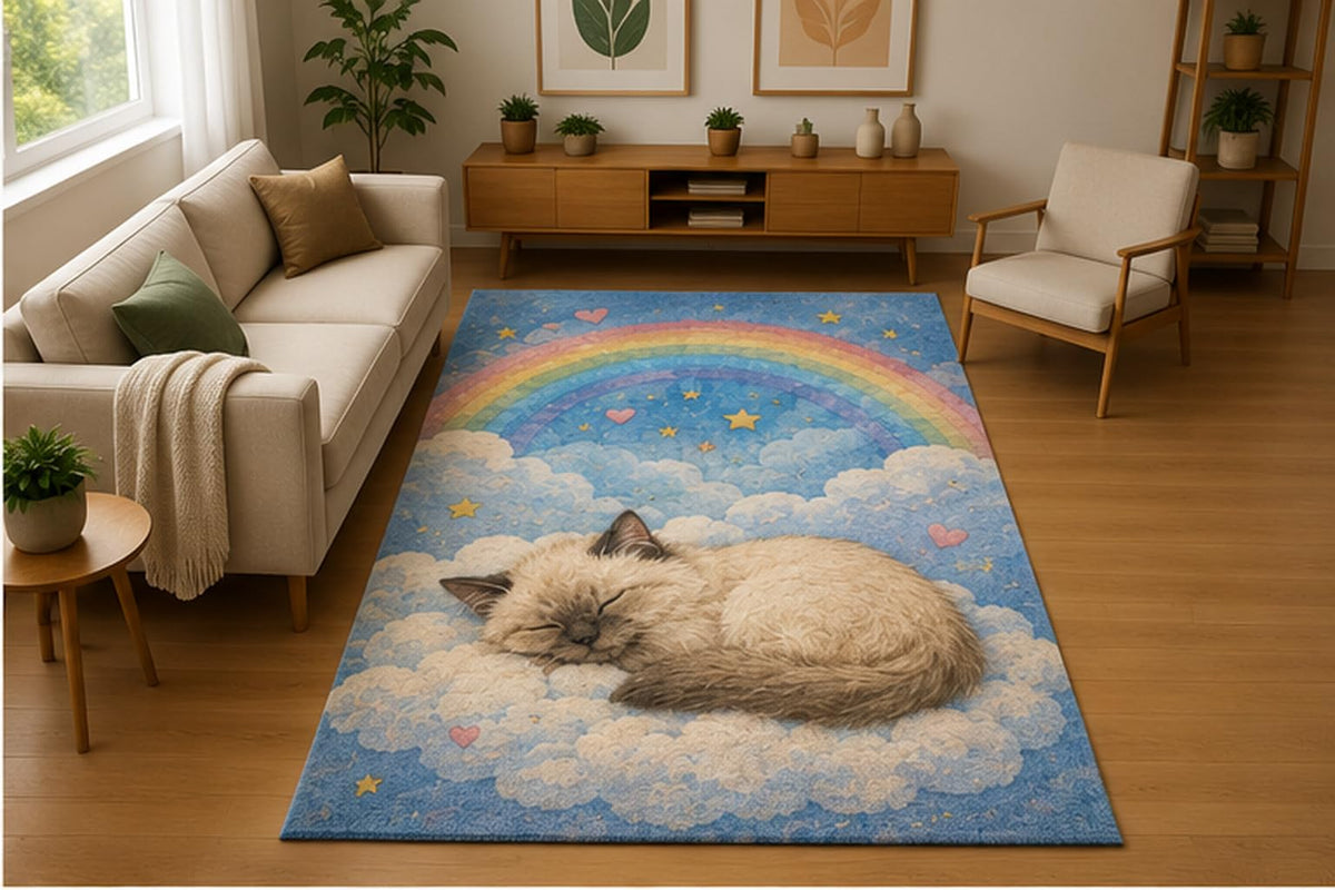 ICE ARMOR 5' x 7' Sleeping Cat Cloud Sky Area Rug Soft Low Pile Indoor Rug with Non Slip Silicone Backing Cute Pet Decor Carpet for Bedroom Living Room Nursery Kids Room Playroom Blue