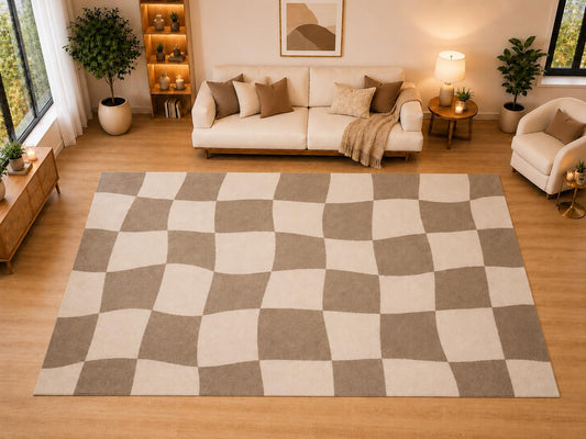 ICE ARMOR "Ultra Light Weight Large 6'7" x 9'10" Wavy Checkerboard Area Rug for Living Room, Bedroom, Dining Room, Soft Low Pile Non-Slip Backing, Taupe Cream
