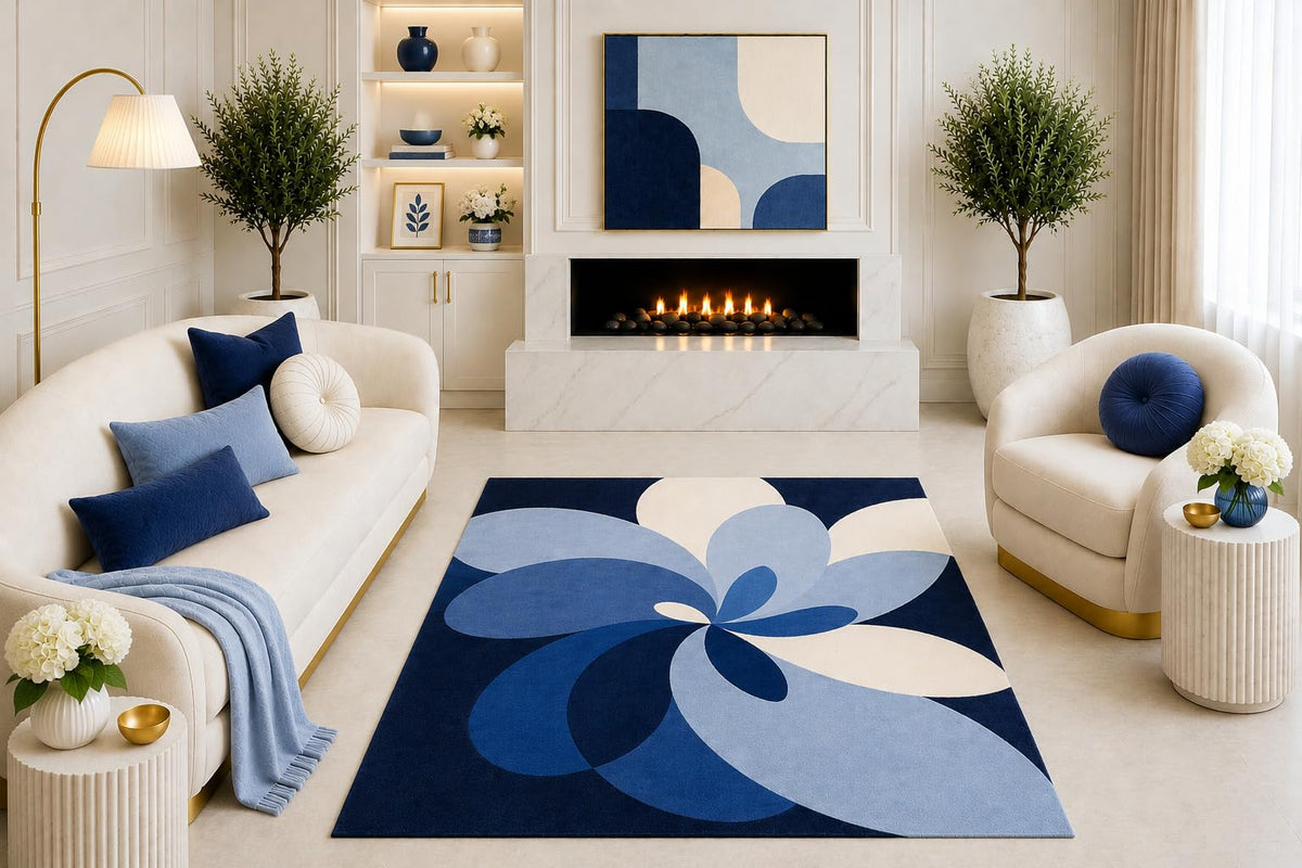 ICE ARMOR "Ultra Light Weight 5' x 7' Navy Blue Abstract Floral Area Rug, Modern Geometric Petal Design for Living Room Bedroom Dining Room, Non-Slip Silicone Backing Low Pile