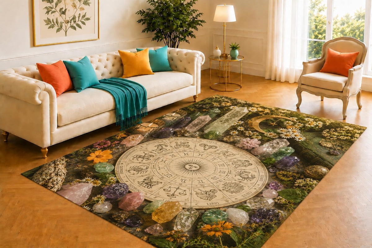 ICE ARMOR 5' x 7' Zodiac Crystal Rug, Astrology Wheel Candle and Rune Artwork, Smooth Printed Floor Cover for Study, Meditation Room, Office and Mystical Decor