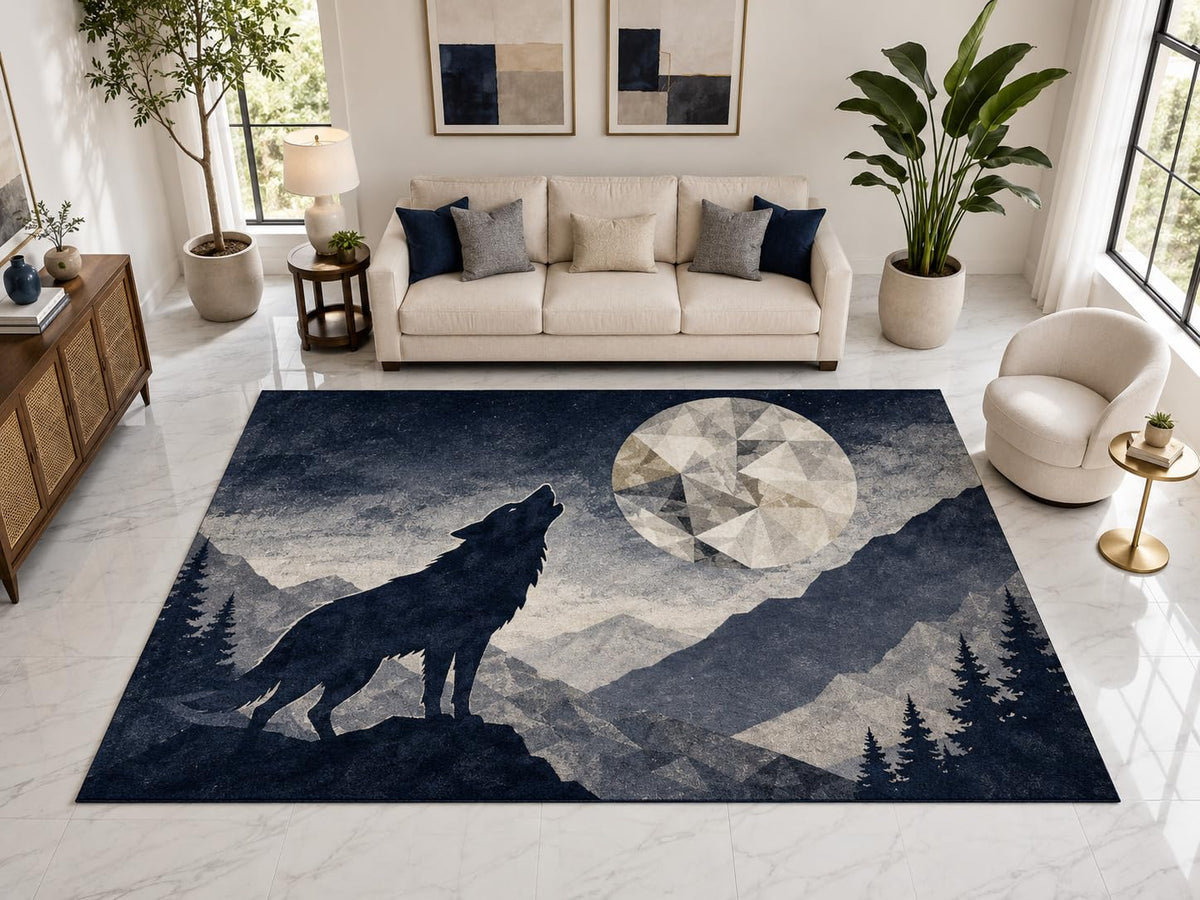 ICE ARMOR "Ultra Light Weight Large 6'7" x 9'10" Howling Wolf Area Rug Carpet Soft Low Pile Indoor Rug and Non-Slip Silicone Backing Blue