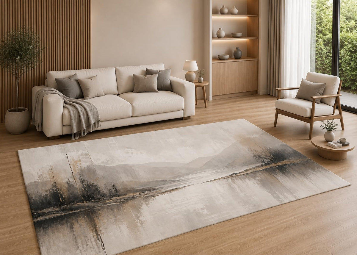 ICE ARMOR 5' x 7' Neutral Mountain Lake Landscape Area Rug with Non-Slip Silicone Backing Low Pile Soft Carpet for Living Room Bedroom Modern Abstract Decor