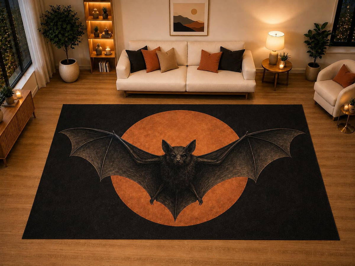 ICE ARMOR "Ultra Light Weight Large 6'7" x 9'10" Black Bat Orange Moon Area Rug for Living Room Bedroom, Soft Low Pile Non-Slip Backing, Orange Black Halloween Gothic Decor