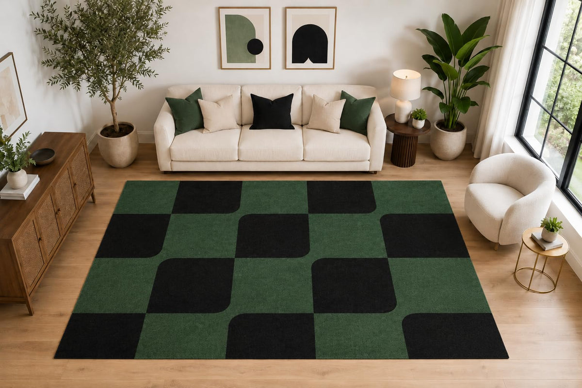 ICE ARMOR Large 6'7" x 9'10" Retro Rounded Checkerboard Area Rug for for Bedroom, Living Room, Soft Low Pile Indoor Rug with Non-Slip Silicone Backing, Forest Green Black