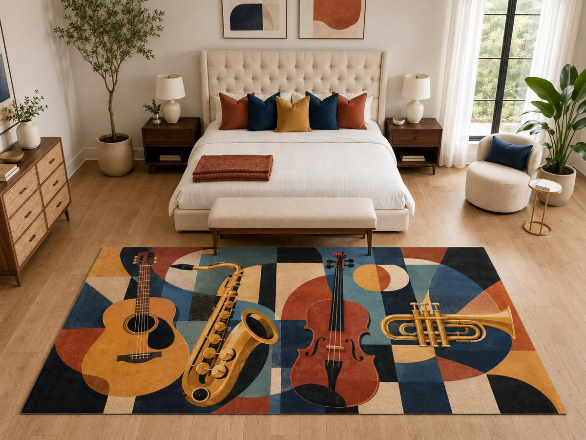 ICE ARMOR "Ultra Light Weight Large 6'7" x 9'10" Jazz Instrument Music Rug, Soft Low Pile Indoor Rug, Non-Slip Silicone Backing for Bedroom Blue