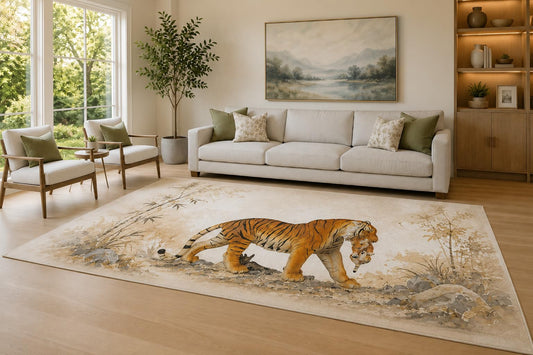 ICE ARMOR Large 6'7" x 9'10" Beige and Orange Tiger Cub Area Rug for Living Room, Soft Low Pile Carpet with Non-Slip Silicone Backing, Decor for Bedroom and Home Office