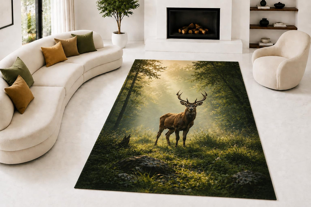 ICE ARMOR "Ultra Lightweight Large 6'7" x 9'10" Sunlit Woodland Stag Area Rug for Living Room, Bedroom and Home Office, Soft Low Pile Carpet with Non-Slip Silicone Backing, Green and Amber