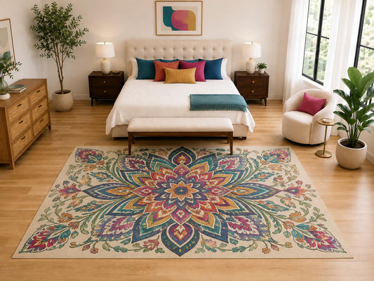 ICE ARMOR "Ultra Light Weight Large 6'7" x 9'10" Boho Floral Mandala Rug, Soft Low Pile Indoor Rug, Non-Slip Silicone Backing for Bedroom Beige