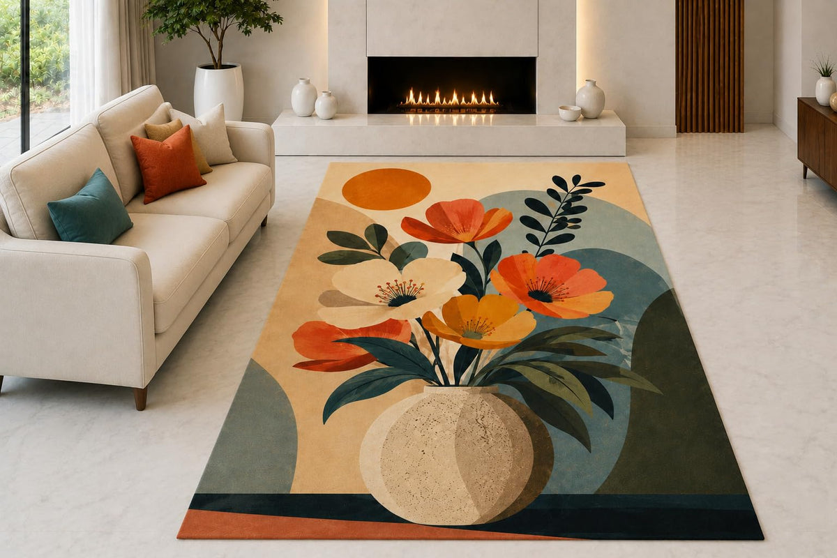 ICE ARMOR "Ultra Light Weight 5' x 7' Modern Floral Vase Area Rug for Living Room, Bedroom and Home Office, Soft Low Pile Carpet with Non-Slip Silicone Backing, Orange and Green