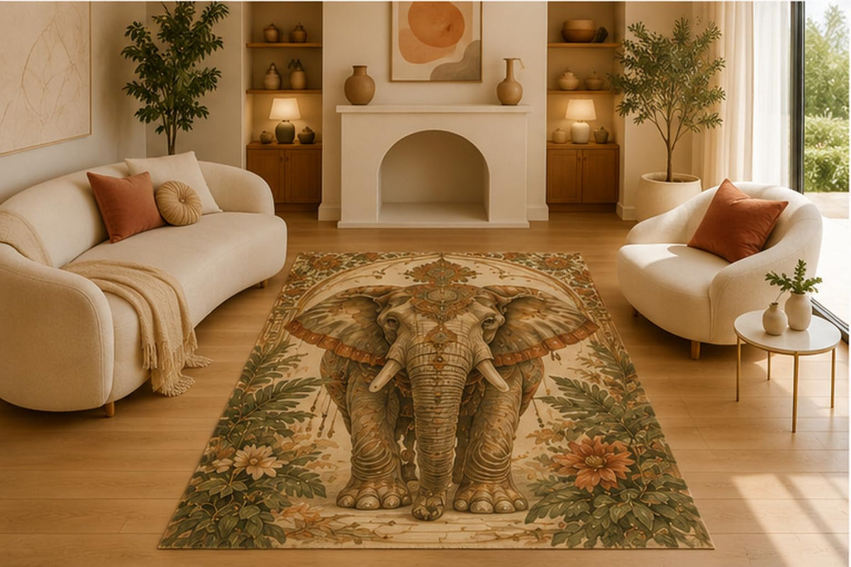 ICE ARMOR 5' x 7' Ornate Elephant Botanical Area Rug, Soft Low Pile Indoor Rug with Non-Slip Silicone Backing for Living Room, Bedroom, Dining Room & Office, Brown Green