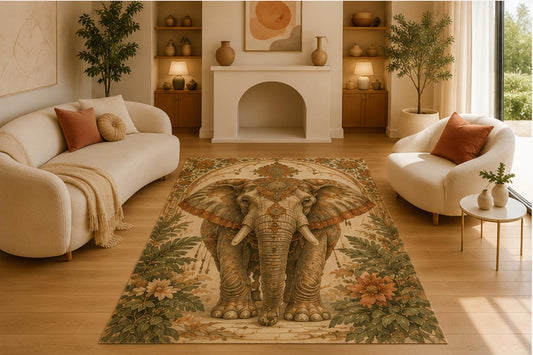 ICE ARMOR 5' x 7' Ornate Elephant Botanical Area Rug, Soft Low Pile Indoor Rug with Non-Slip Silicone Backing for Living Room, Bedroom, Dining Room & Office, Brown Green
