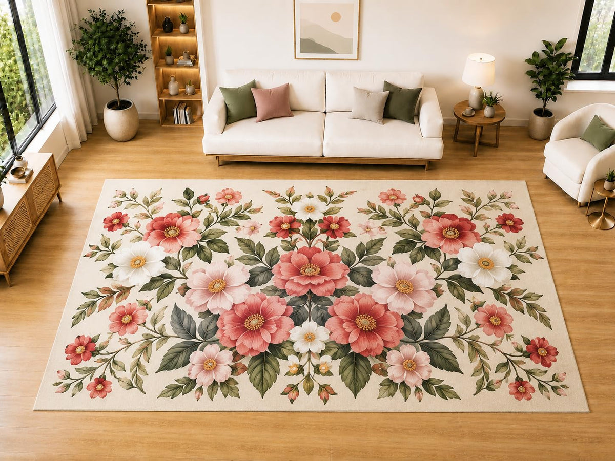 ICE ARMOR "Ultra Light Weight Large 6'7" x 9'10" Cyclamen Bouquet Area Rug for Living Room Bedroom Dining Room, Soft Low Pile Non-Slip Backing, Pink Orange Purple Teal Botanical Decor