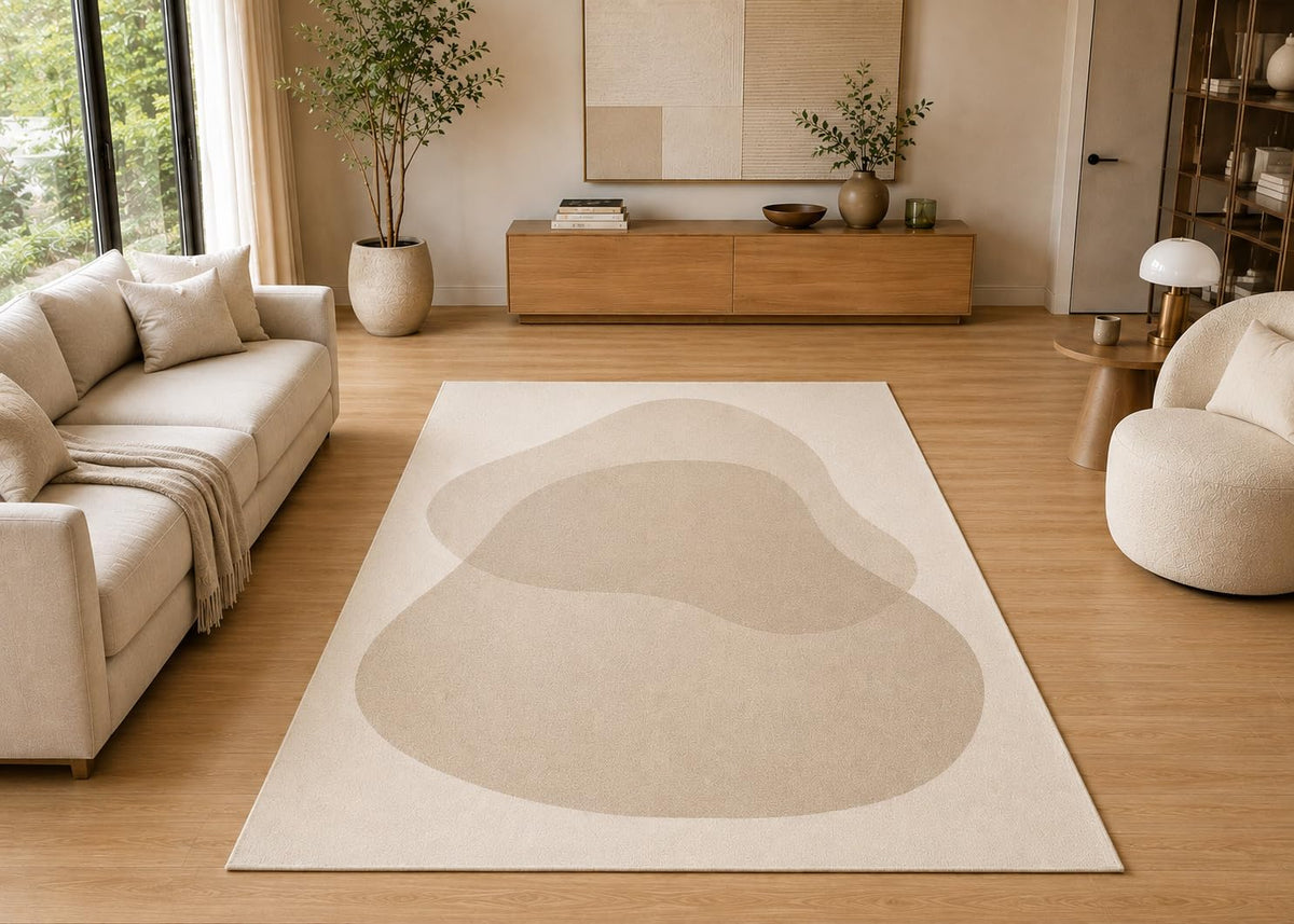 ICE ARMOR 5' x 7' Modern Organic Shape Area Rug for Living Room, Soft Low Pile Indoor Rug with Non-Slip Silicone Backing, Decorative Carpet for Bedroom, Office, Family Room, Beige