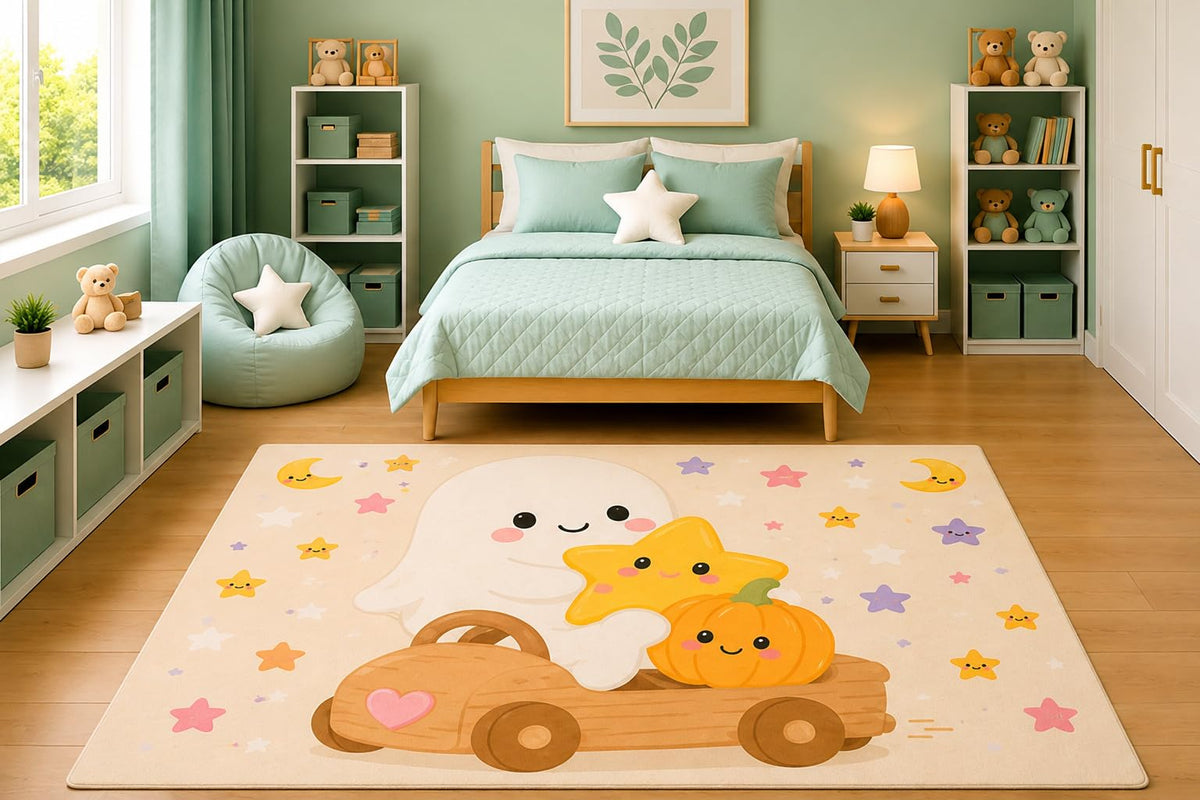 ICE ARMOR 5' x 7' Cute Ghost Driving Wooden Truck with Pumpkin Area Rug for Kids Bedroom Nursery Playroom Scandinavian Minimalist Kawaii Halloween Decor Non-Slip Silicone Backing Low Pile