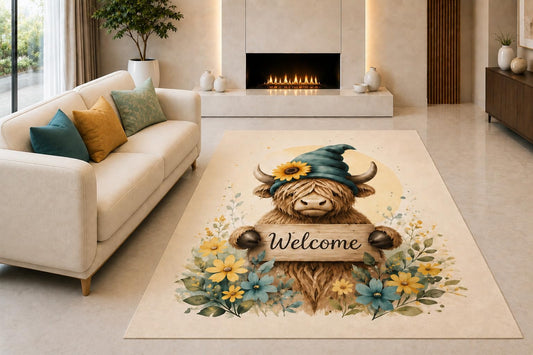 ICE ARMOR "Ultra Light Weight 5' x 7' Highland Cow Welcome Area Rug for Living Room, Bedroom and Home Office, Soft Low Pile Carpet with Non-Slip Silicone Backing, Cream and Blue