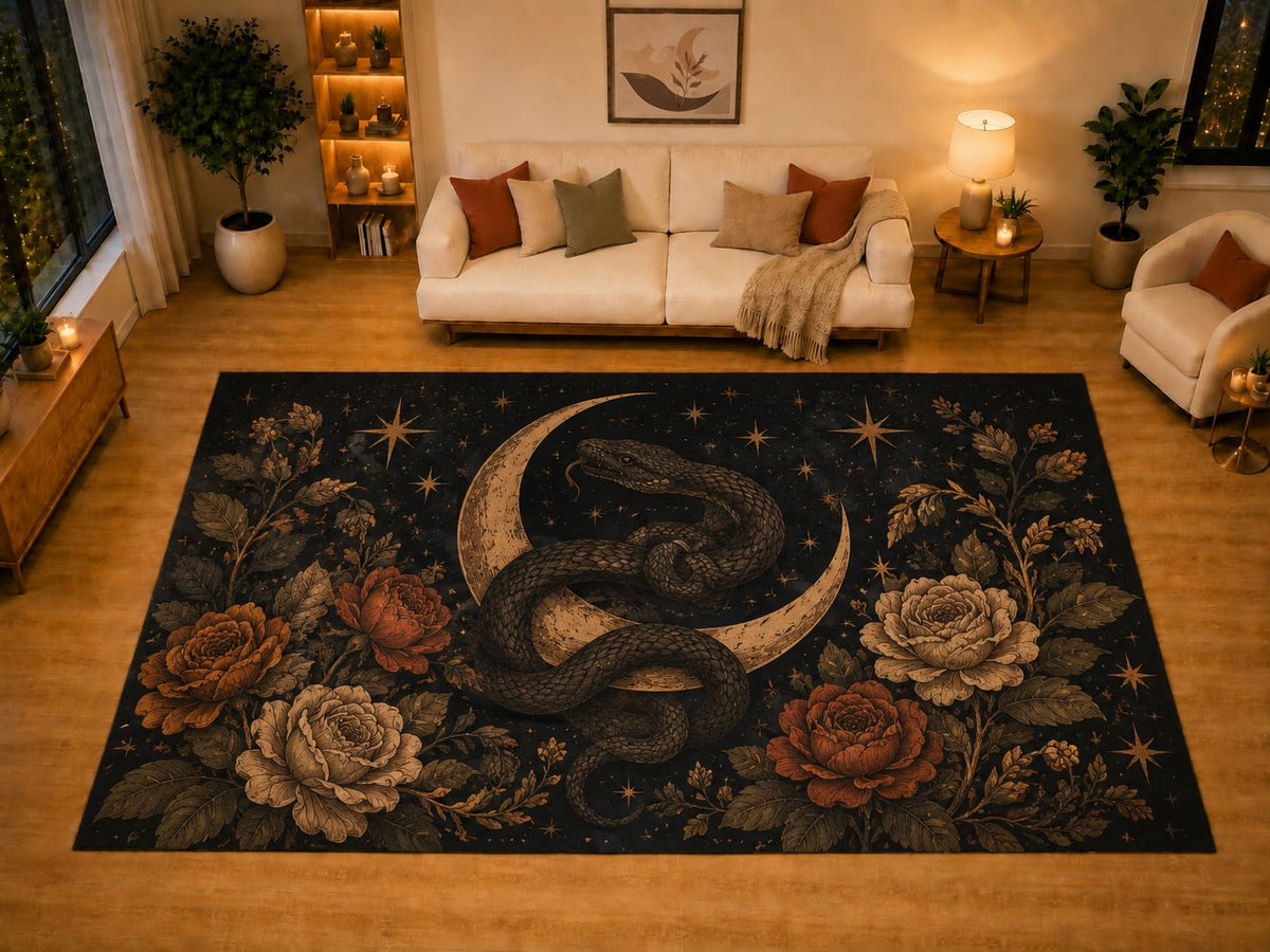 ICE ARMOR "Ultra Light Weight Large 6'7" x 9'10" Snake Crescent Moon Rose Area Rug for Living Room Bedroom, Soft Low Pile Non-Slip Backing, Black Brown Gothic Celestial Decor