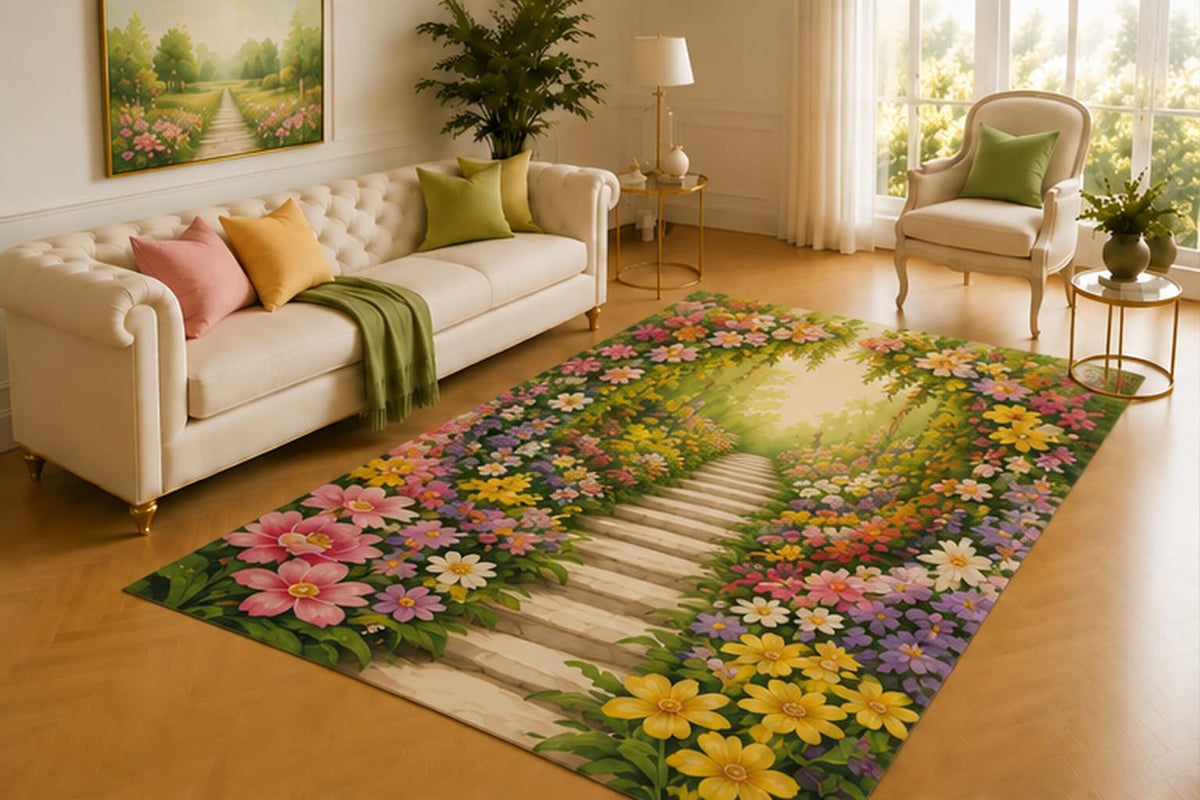 ICE ARMOR 5' x 7' Garden Stairway Rug, Sunlit Steps Framed by Pink, Yellow and Purple Flowers, Inviting Decor for Living Room, Bedroom, Hallway or Entryway