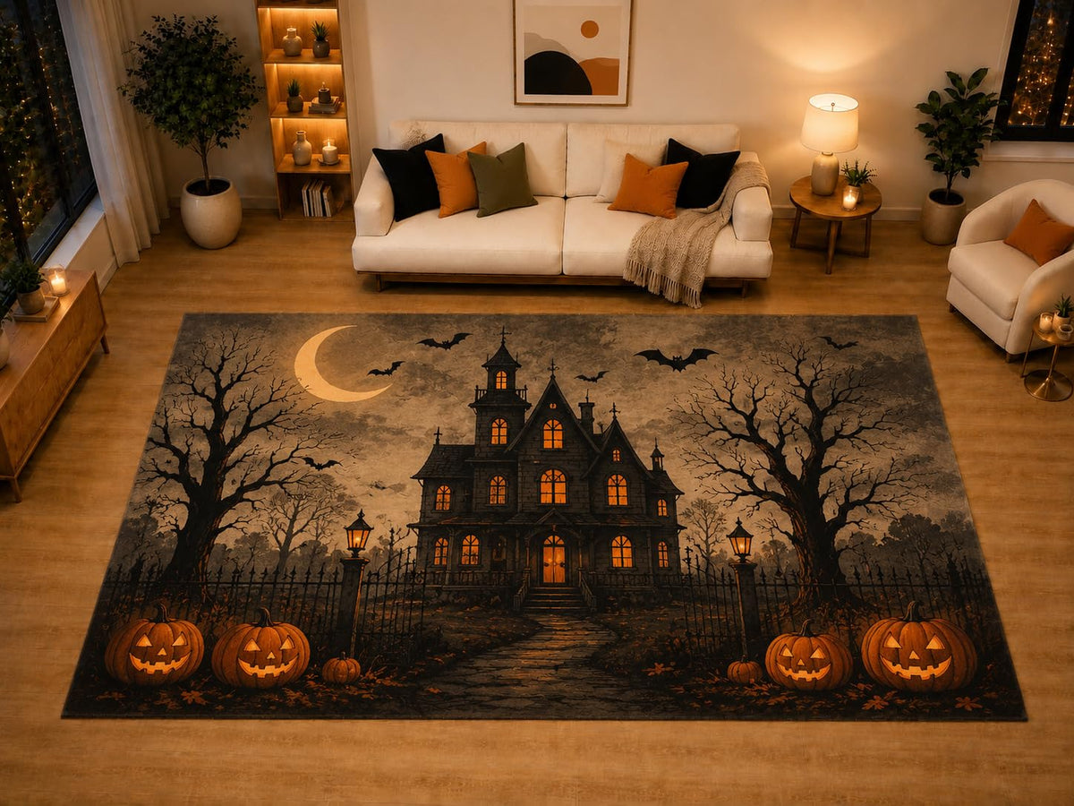 ICE ARMOR "Ultra Light Weight Large 6'7" x 9'10" Haunted House Pumpkin Area Rug for Living Room Bedroom, Soft Low Pile Non-Slip Backing, Black Orange Spooky Halloween Decor