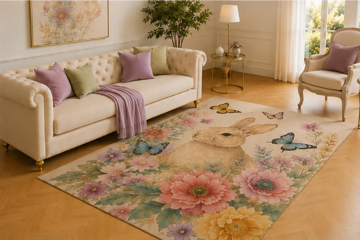 ICE ARMOR 5' x 7' Spring Rabbit Rug, Gentle Bunny Among Pastel Flowers and Fluttering Butterflies, Charming Floor Decor for Nursery, Bedroom, Playroom or Reading Corner