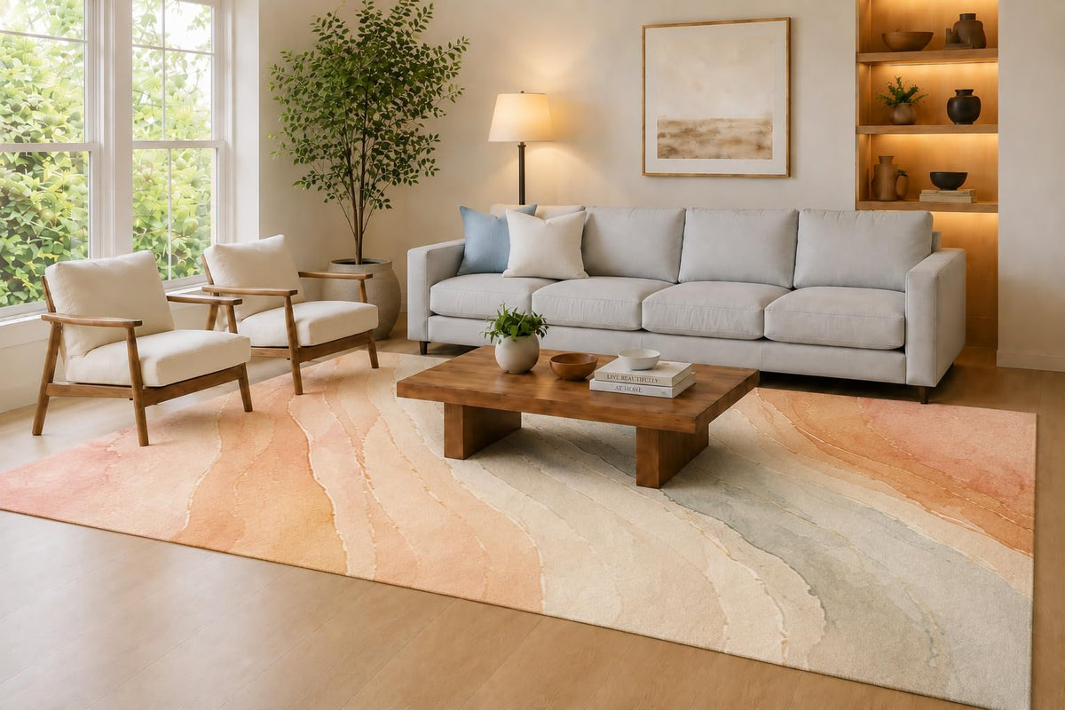 ICE ARMOR Large 6'7" x 9'10" Peach and Ivory Sunset Ripple Area Rug for Living Room, Soft Low Pile Carpet with Non-Slip Silicone Backing, Decor for Bedroom, Dining Area and Home Office
