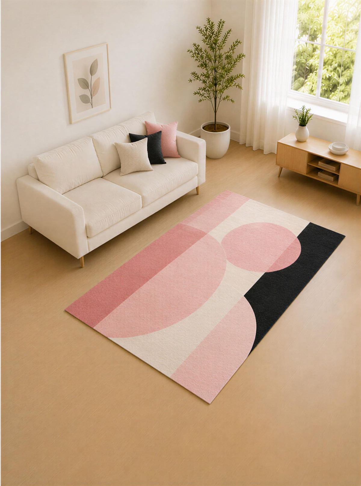 ICE ARMOR "Ultra Lightweight 5' x 7' Rose and Cream Curved Blocks Area Rug for Living Room, Bedroom and Home Office, Soft Low Pile Carpet with Non-Slip Silicone Backing