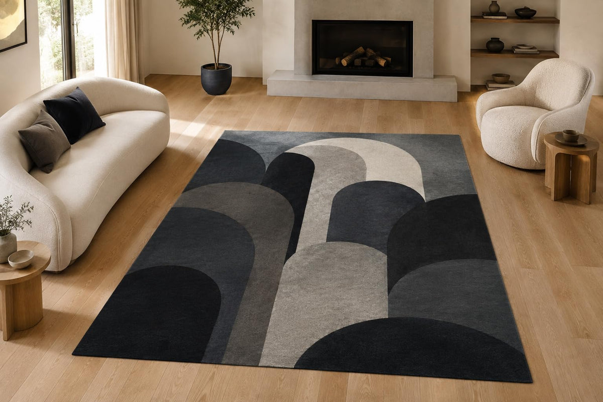 ICE ARMOR "Ultra Light Weight Large 6'7" x 9'10" Modern Arch Geometric Area Rug, Soft Low Pile Indoor Rug with Non-Slip Silicone Backing for Living Room, Black Gray