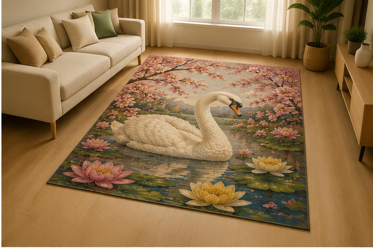 ICE ARMOR 5' x 7' Elegant Swan Lotus Pond Area Rug for Living Room, Soft Low Pile Indoor Rug with Non-Slip Silicone Backing, Nature Water Garden Decor for Bedroom, Family Room, White Pink