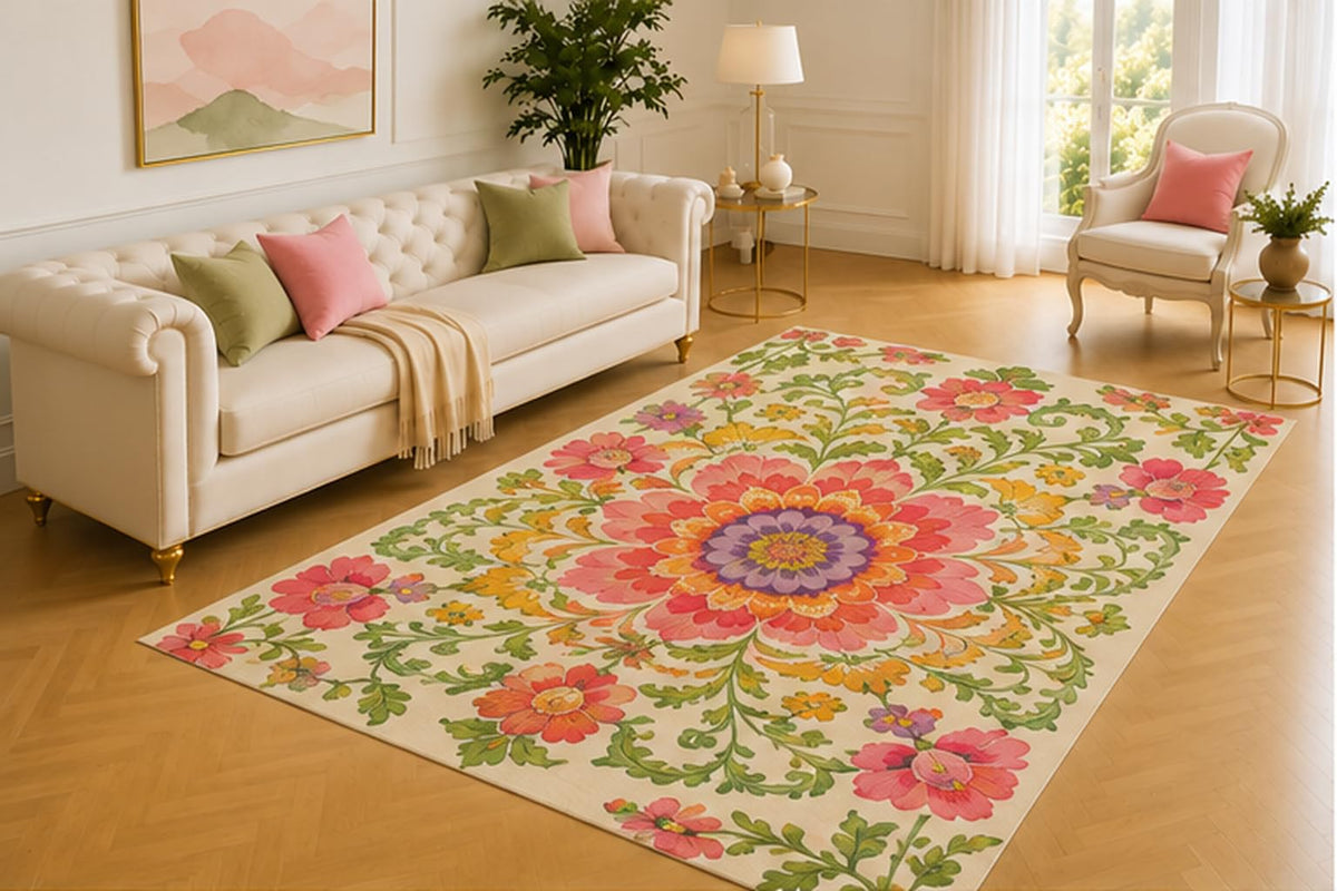 ICE ARMOR 5' x 7' Floral Medallion Rug, Coral, Purple and Yellow Blooms with Curling Green Vines, Elegant Accent for Bedroom, Lounge, Dining Area or Office