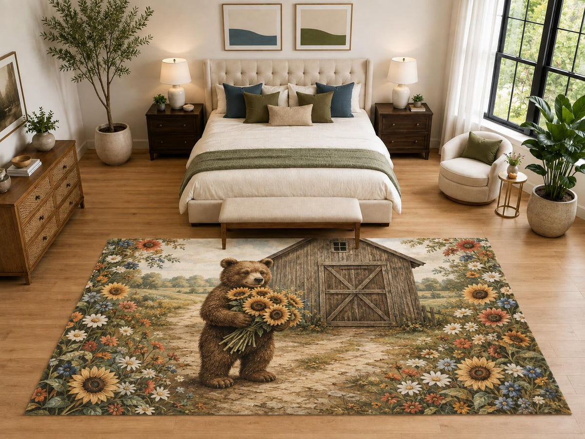 ICE ARMOR "Ultra Light Weight Large 6'7" x 9'10" Bear Sunflower Barn Area Rug, Soft Low Pile Indoor Rug, Non-Slip Silicone Backing, Bedroom, Brown